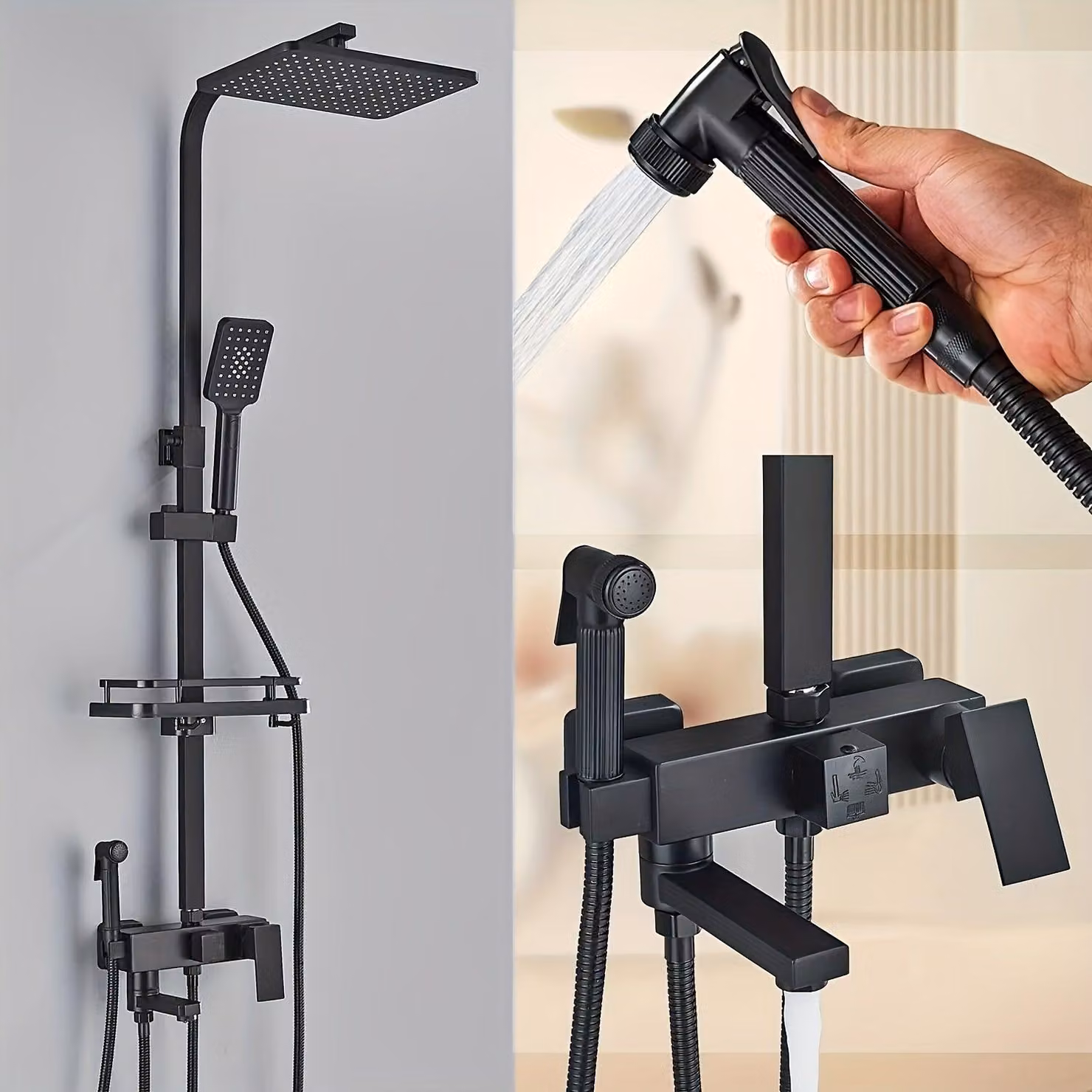 Rubinetto doccia nero opaco – Set doccia nero – Doccetta a pioggia – Rubinetto doccia esterno – Termostato per doccia – Finitura con trattamento oleoso – Doccetta a pioggia da 8 pollici