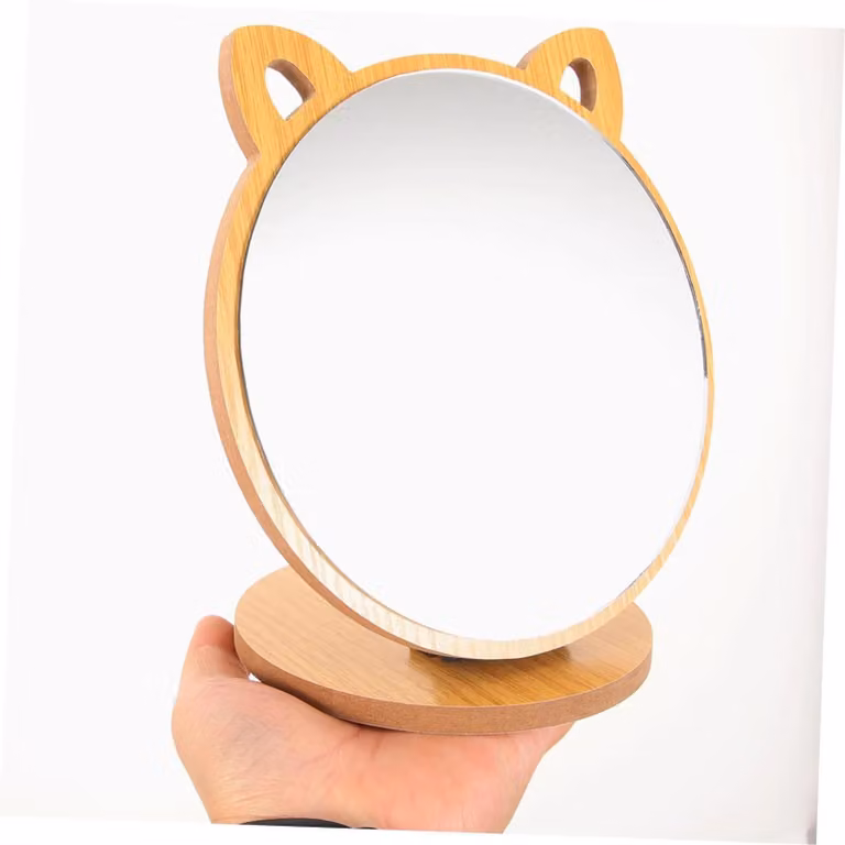 Specchio da trucco con orecchie a forma di gatto, cornice in legno, pieghevole, 21x17 cm