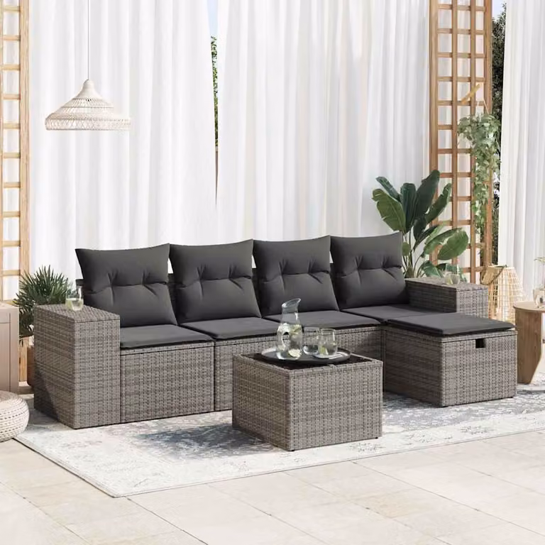 Set Divano da Giardino vidaXL 6 pz in Polyrattan Grigio con Cuscini e Tavolino