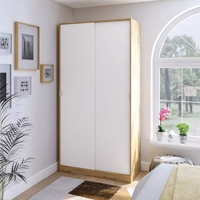 Armadio da camera da letto Orgosolo DMORA con ante scorrevoli e ripiani interni, Marrone Rovere Nodi, L: 50 cm, H: 200 cm – 1