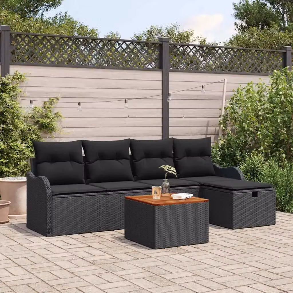 Set Divano da Giardino vidaXL a Forma di L in Poly Rattan Nero con Cuscini e Tavolino da Esterno – 1