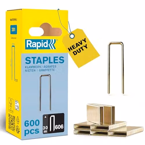 Rapid Confezione da 600 Graffe N.606/30 per Fissaggio di Materiali Rigidi, Listelli, Pannelli, Cornici, Cassetti, con Corona Stretta e con Rivestimento in Resina, Lunghezza Gamba 30 mm