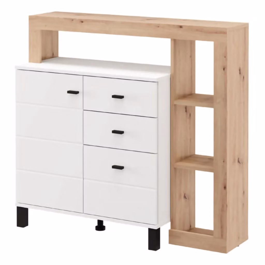 Madia Coloni DMORA con 4 ripiani, design moderno, Bianco Opaco e Rovere, L: 106 cm, P: 35 cm, H: 101 cm – 2