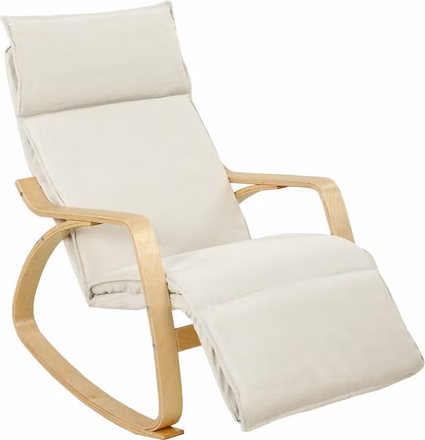 Poltrona a dondolo HOMCOM con poggiapiedi regolabile in tessuto effetto lino, colore bianco crema, stile scandinavo
