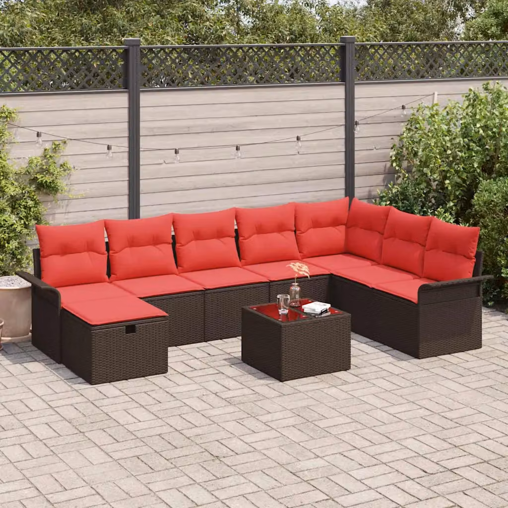 Set Divano da Giardino vidaXL 9 pz a Forma a L con Poltroncina e Tavolino, Colore Marrone e Rosso, in Polyrattan e Metallo con Cuscini Inclusi