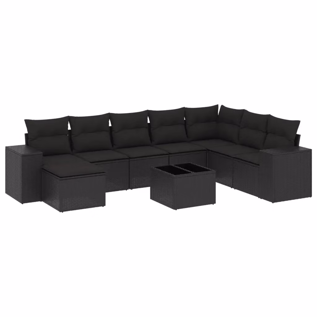 Set di divani da giardino vidaXL in polyrattan nero con cuscini, tavolino e pouf, design moderno a L – 2