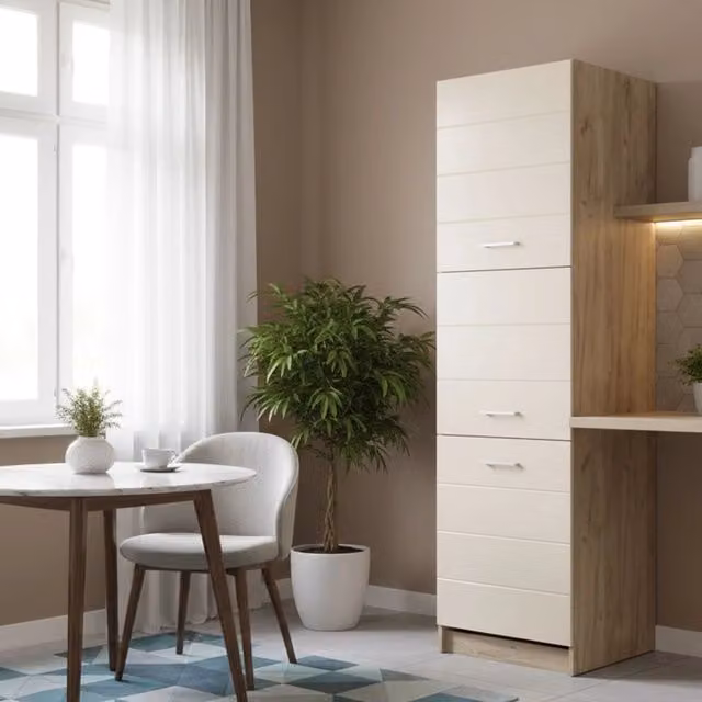 Dispensa da Cucina DMORA Volvera, Mobile Moderno con Ante a Battente e 3 Ripiani Interni, Colore Beige e Rovere, L: 60 cm, P: 58 cm, H: 215 cm