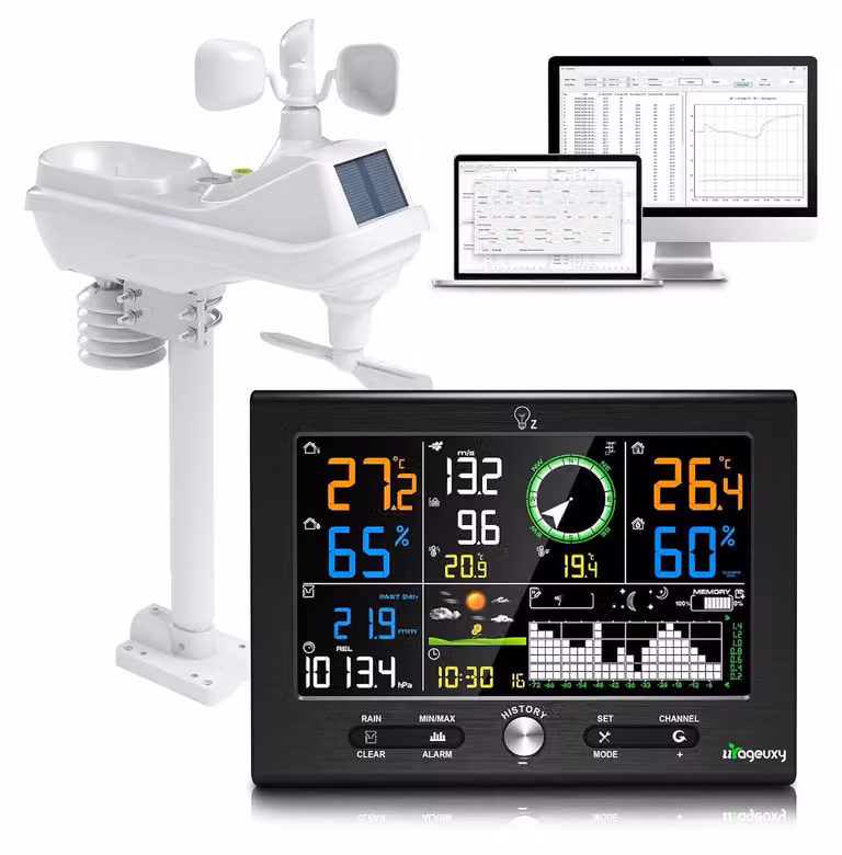 Stazione meteorologica wireless con sensore esterno, stazione meteorologica professionale 7-in-1 con pluviometro e anemometro, display da 7,6 pollici, orologio DCF, software per l'analisi dei dati, per uso interno