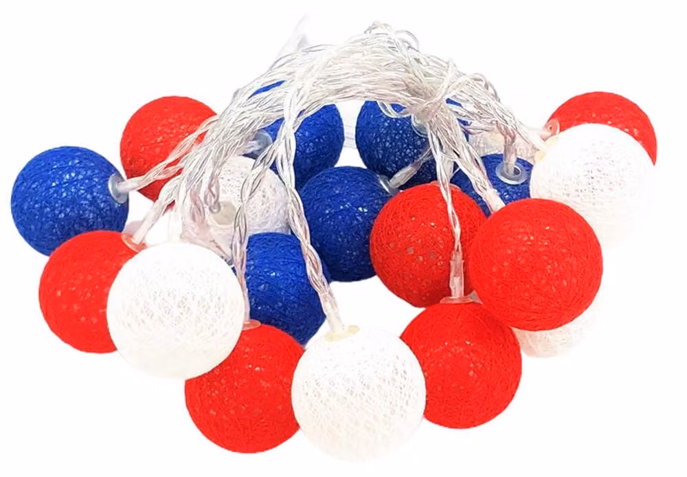 Catena luminosa a LED, 3 metri, 20 lampadine a forma di sfera, rosso, bianco e blu, a basso consumo energetico