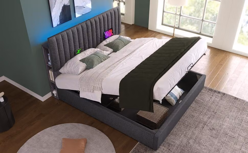 okwish 140x200 cm Letto matrimoniale imbottito Letto controllato da app LED con funzione di ricarica USB Tipo C, spazio per riporre oggetti e testata regolabile, griglia in legno, Grigio (senza materasso)