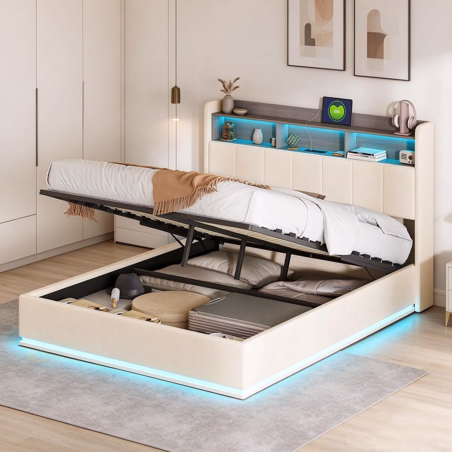 Letto imbottito INONEFT, modello idraulico, dimensioni 140x190 cm, con USB e Type-C, letto matrimoniale per ragazzi con illuminazione LED, letto contenitore, modello boxspring, rivestito in velluto, colore beige