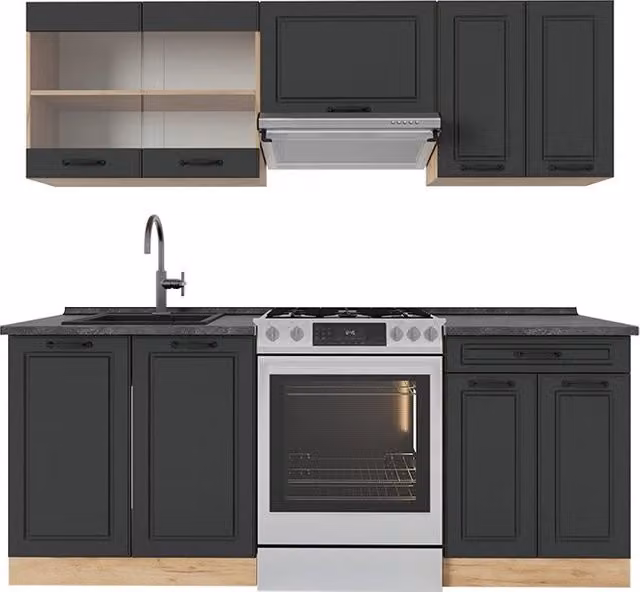 Cucina componibile Vicco R-Line Antracite e Rovere con ante a vetro e scaffali aperti L: 200 cm, P: 60 cm, H: 81,6 cm