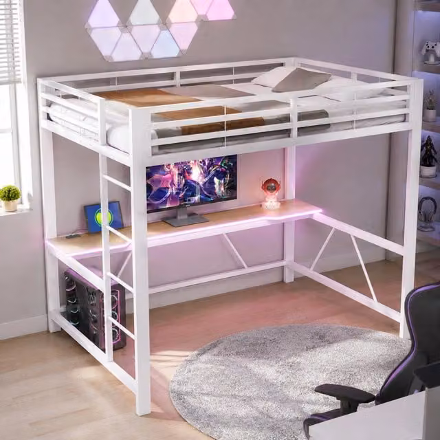 Letto a soppalco 140x200 cm con scrivania e LED in metallo bianco
