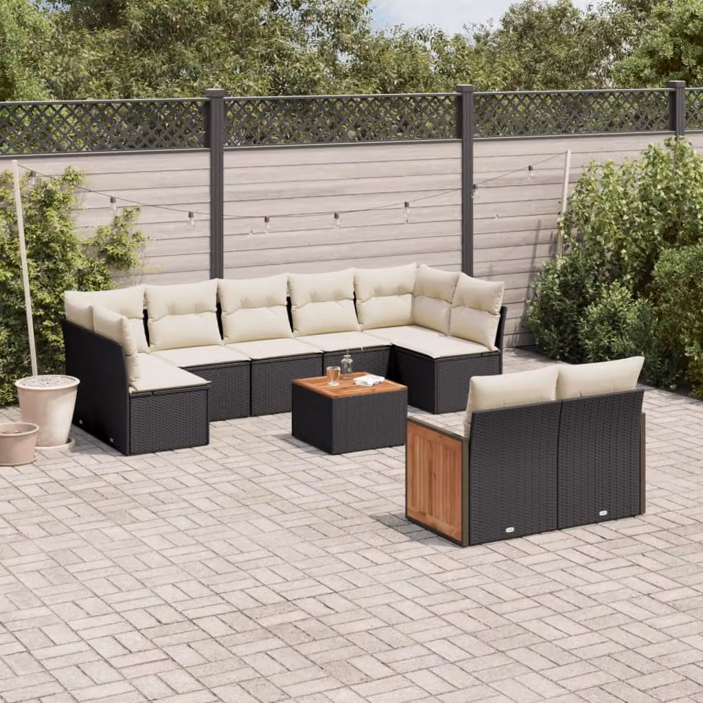Set di divani da giardino vidaXL in polyrattan nero con cuscini e tavolino da esterno a forma di L – 1