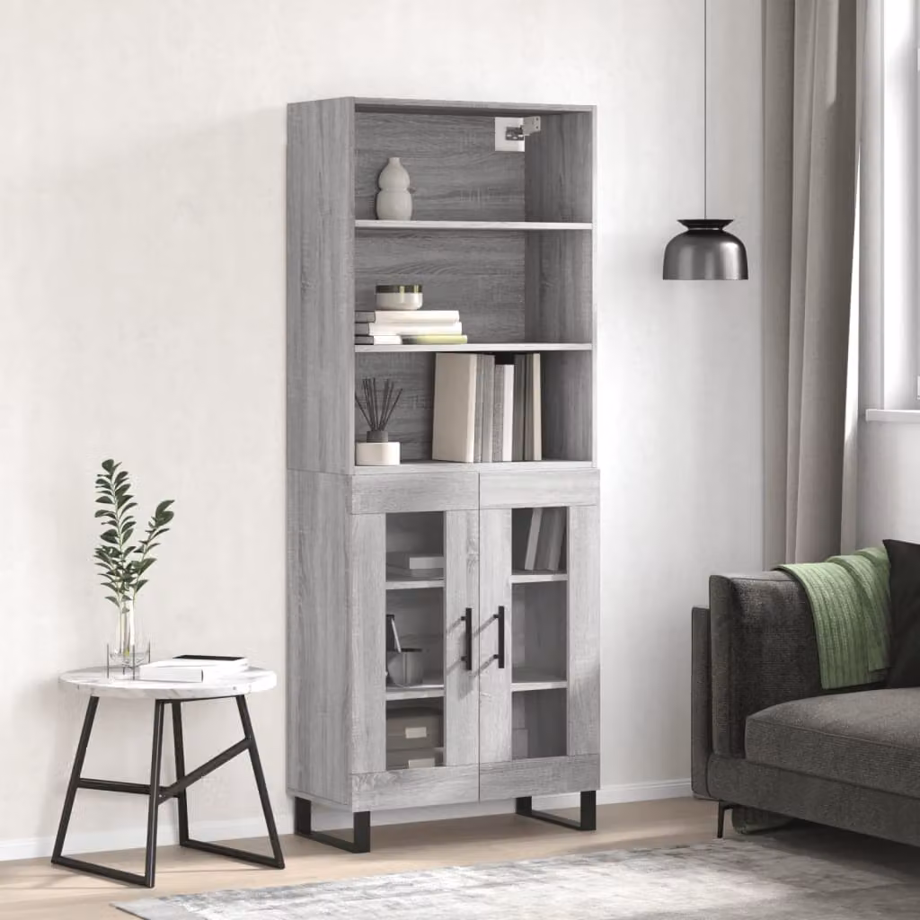 Credenza moderna vidaXL in legno multistrato e metallo, colore Grigio Sonoma, L: 69,5 cm, P: 34 cm, H: 180 cm