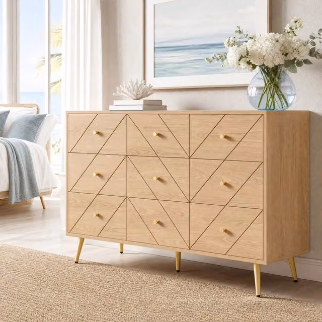 Cassettiera ULEVR 120x39x80 cm con 9 cassetti e gambe in ferro, colore naturale