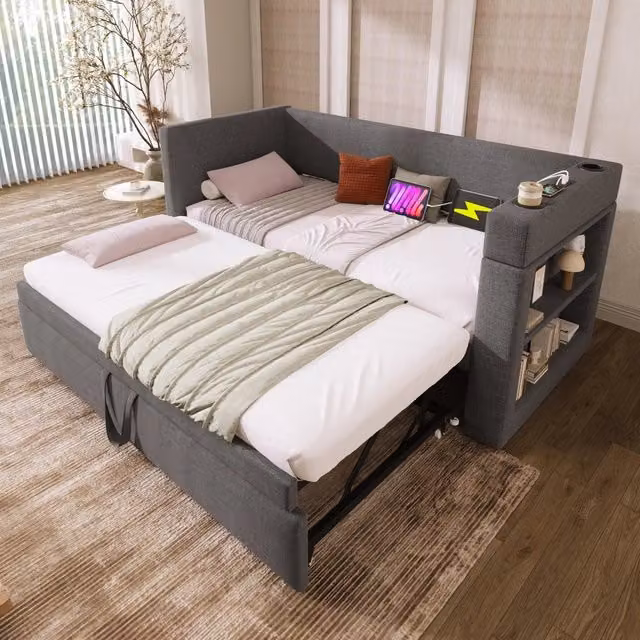 Divano letto imbottito 90x200 cm con letto estraibile e USB; legno cotone metallo; beige