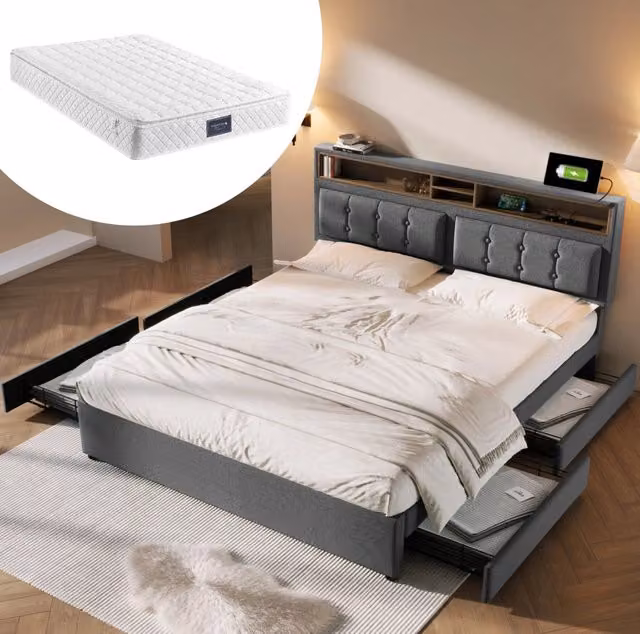 Letto imbottito 140x200 cm grigio con materasso H3, 4 cassetti, prese USB-C