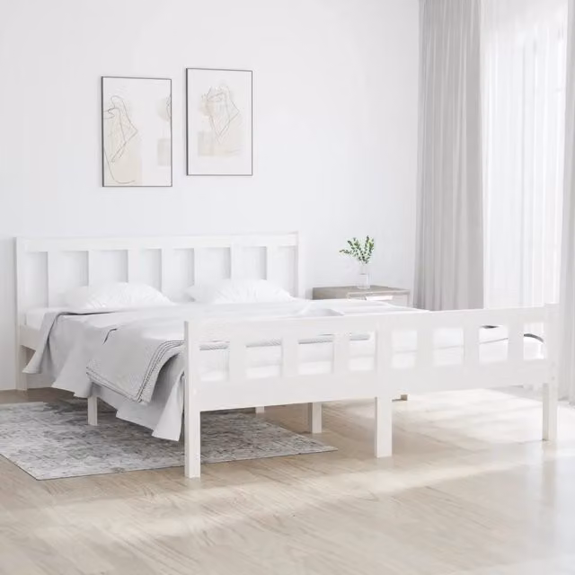 Letto King Size vidaXL in Legno Massello di Pino Bianco con Doghe Fisse