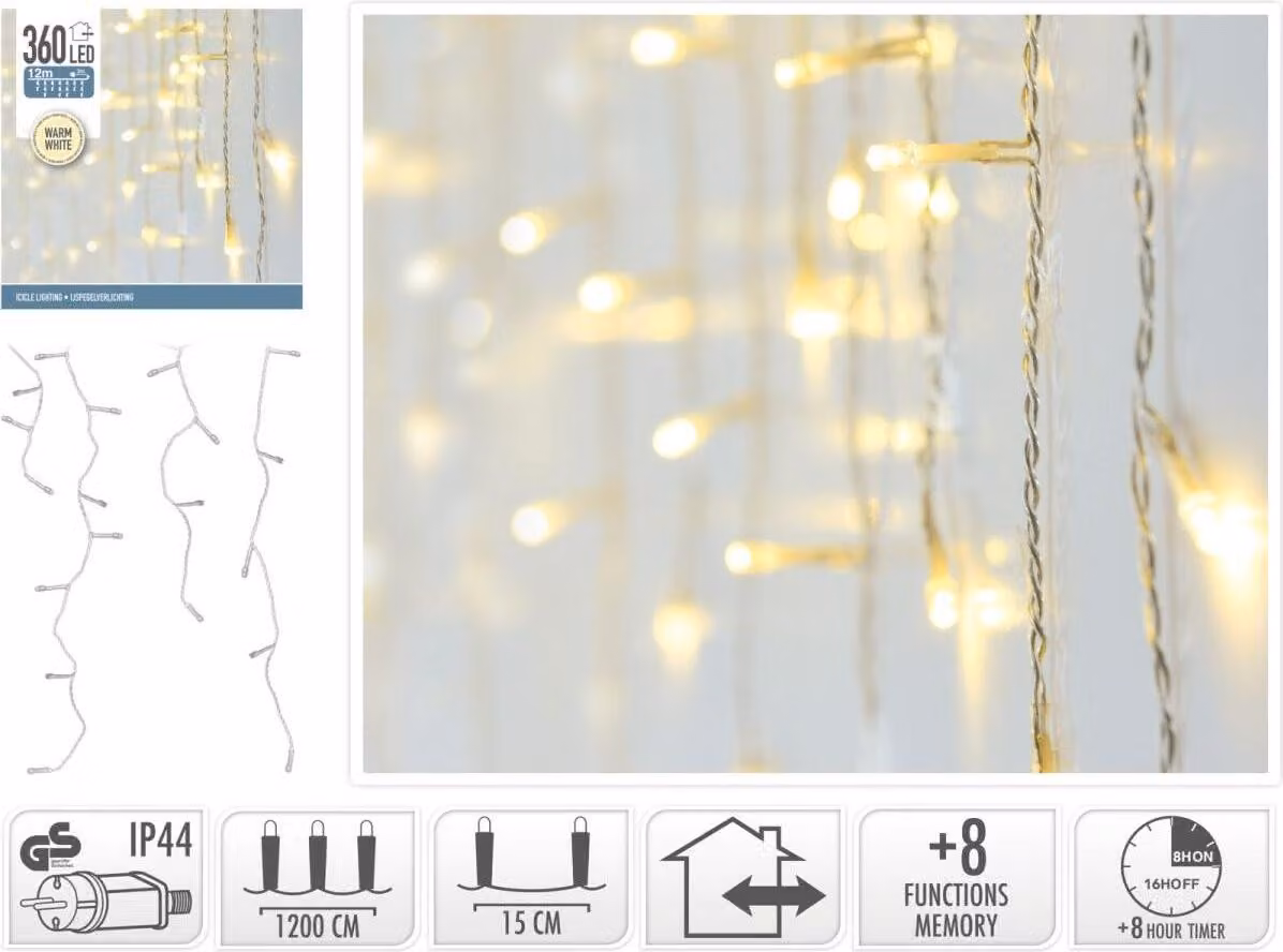 Barriera luminosa a LED bianco caldo, 360 LED, cavo trasparente, interno/esterno, 15 m