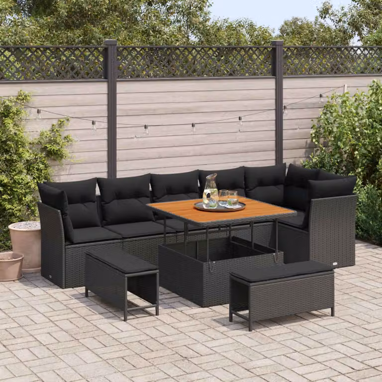 Set Divano da Giardino Moderno vidaXL in 9 Pezzi Nero con Cuscini e Tavolino da Esterno
