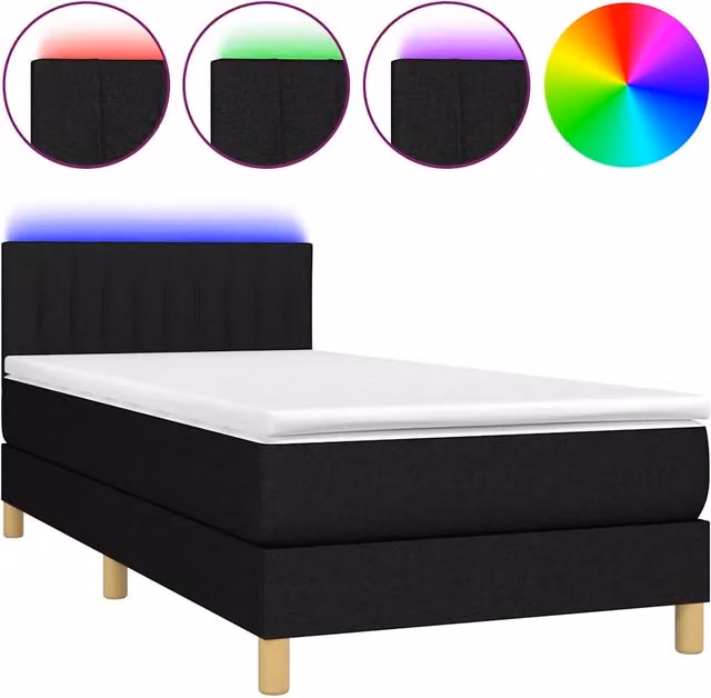 Letto singolo moderno DESIGN IN con materasso ibrido, illuminazione LED sottostante e porta di ricarica USB, rivestimento in tessuto nero e bianco, L/P/H: 200 x 80 x 88 cm