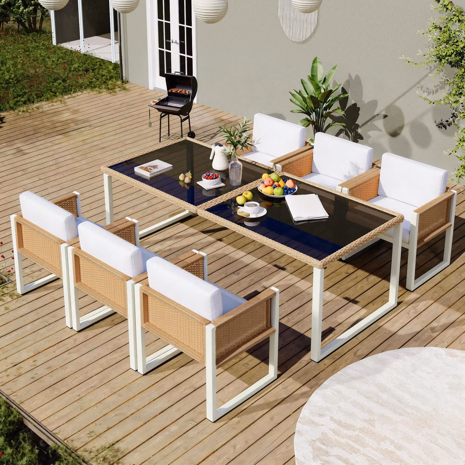 Set da pranzo moderno in polyrattan per 6 persone con piano in vetro temperato, Marrone e Bianco – 2