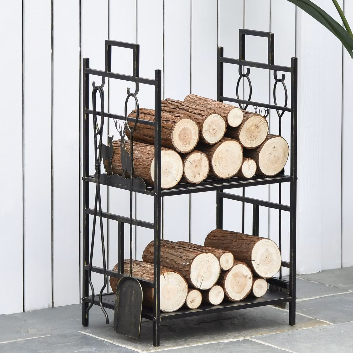 Set da camino Outsunny in ferro battuto con scaffale e accessori, nero e oro – 2