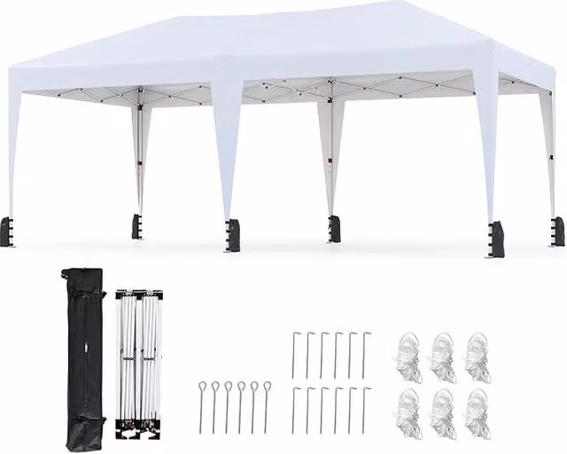 Gazebo Pop-up da Esterno Costway Bianco e Grigio L: 590 cm, P: 300 cm, H: 286 cm con Borsa con Ruote e Kit di Ancoraggio – 1