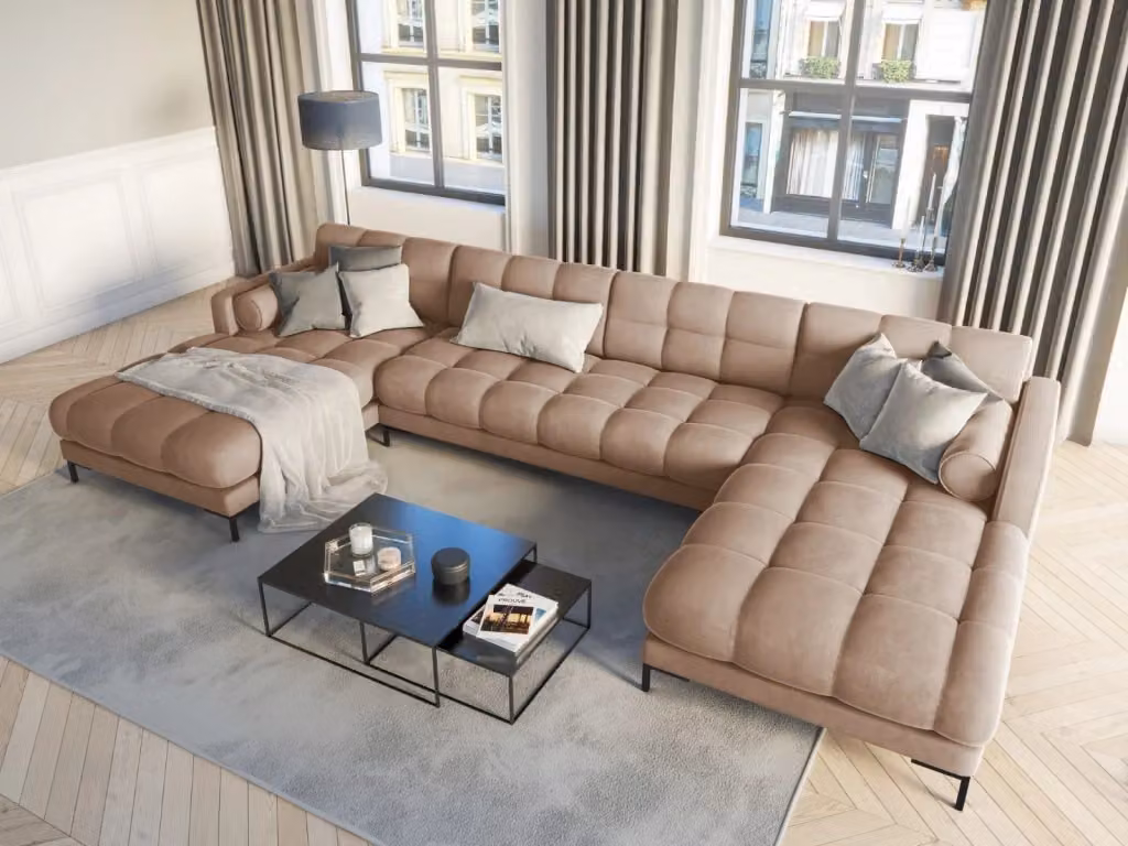 Divano panoramico Bali a L di Cosmopolitan Design, 7 posti in velluto beige con struttura in metallo, L: 383 cm x P: 185 cm x H: 75 cm – 2
