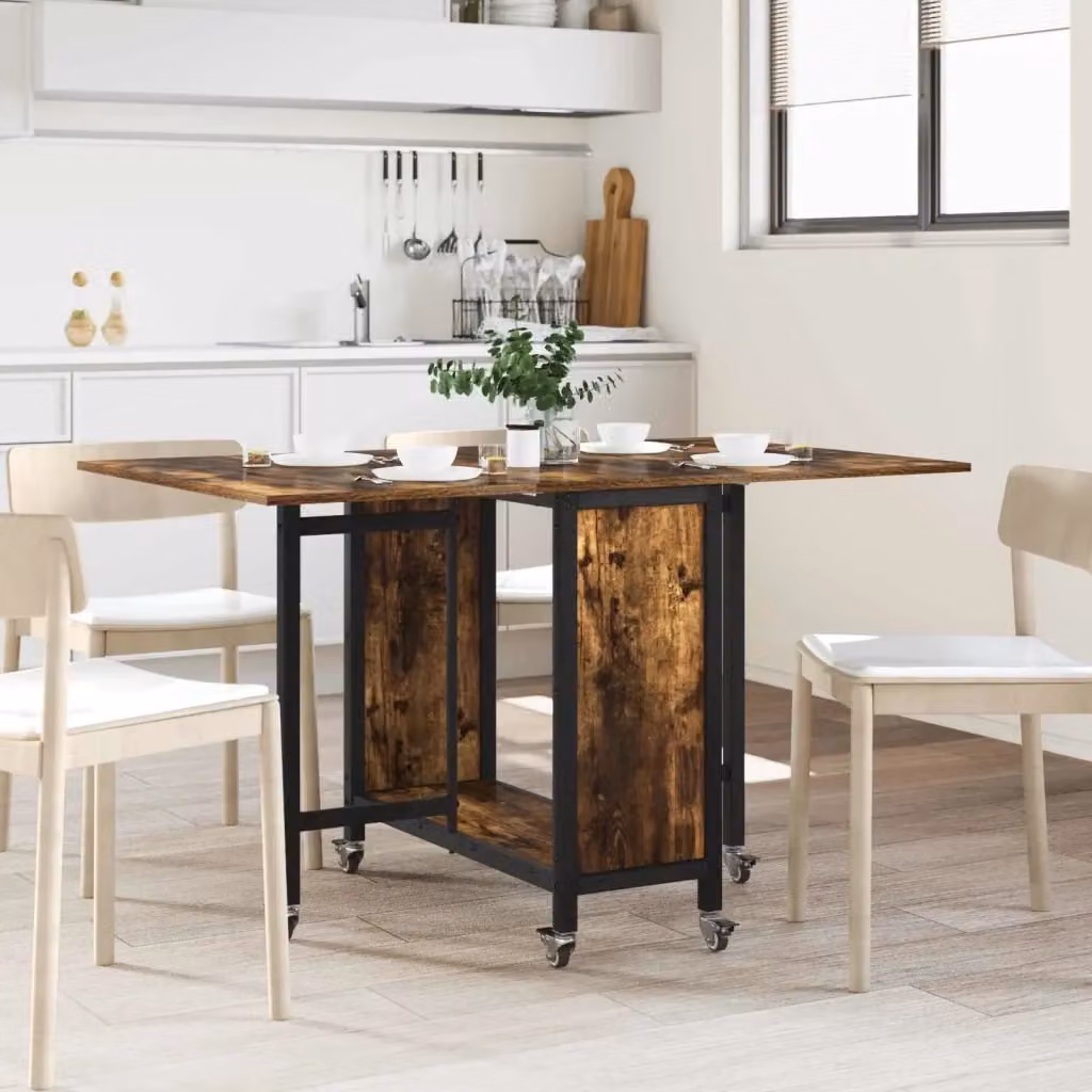 Tavolo da pranzo e da cucina pieghevole in legno marrone con ruote, design industriale, L: 130 cm, P: 80 cm, H: 76,5 cm – 2