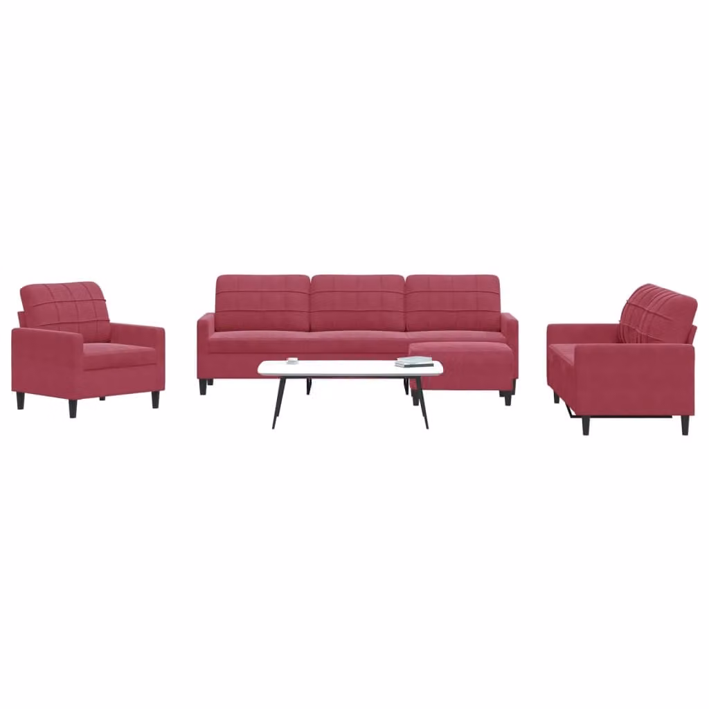 Set di divani moderno vidaXL in velluto rosso composto da 2 divani a 3 posti, 1 divano a 2 posti e 1 pouf con cuscini e struttura in metallo