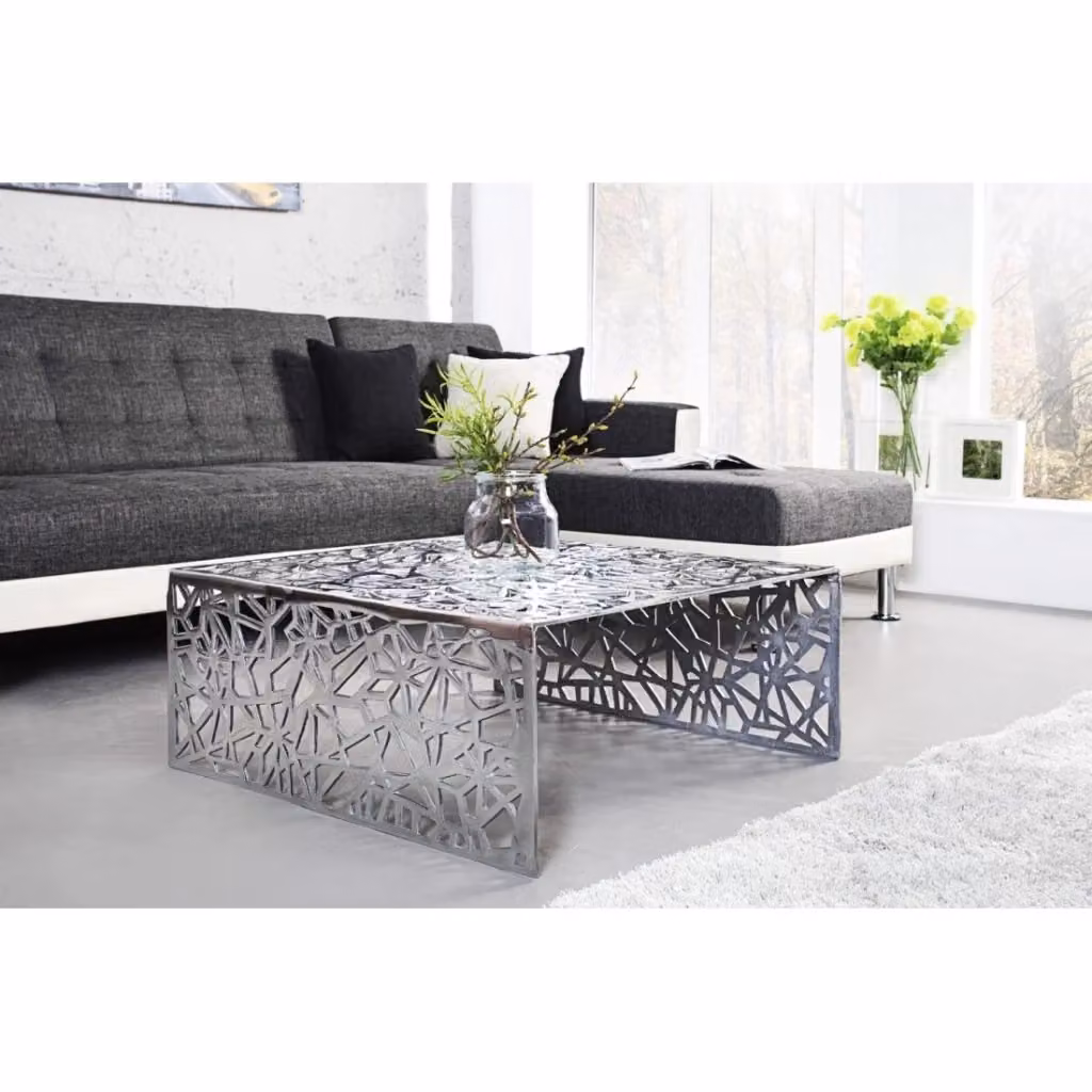 Tavolino quadrato METRIX Meublorama in metallo argentato con motivi geometrici L/P/H: 60 x 60 x 32 cm – 2