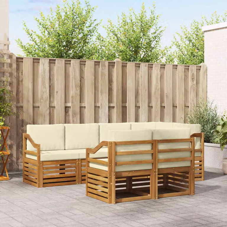 Set di divani da esterno vidaXL 7 pz in legno di acacia con cuscini beige e bianco