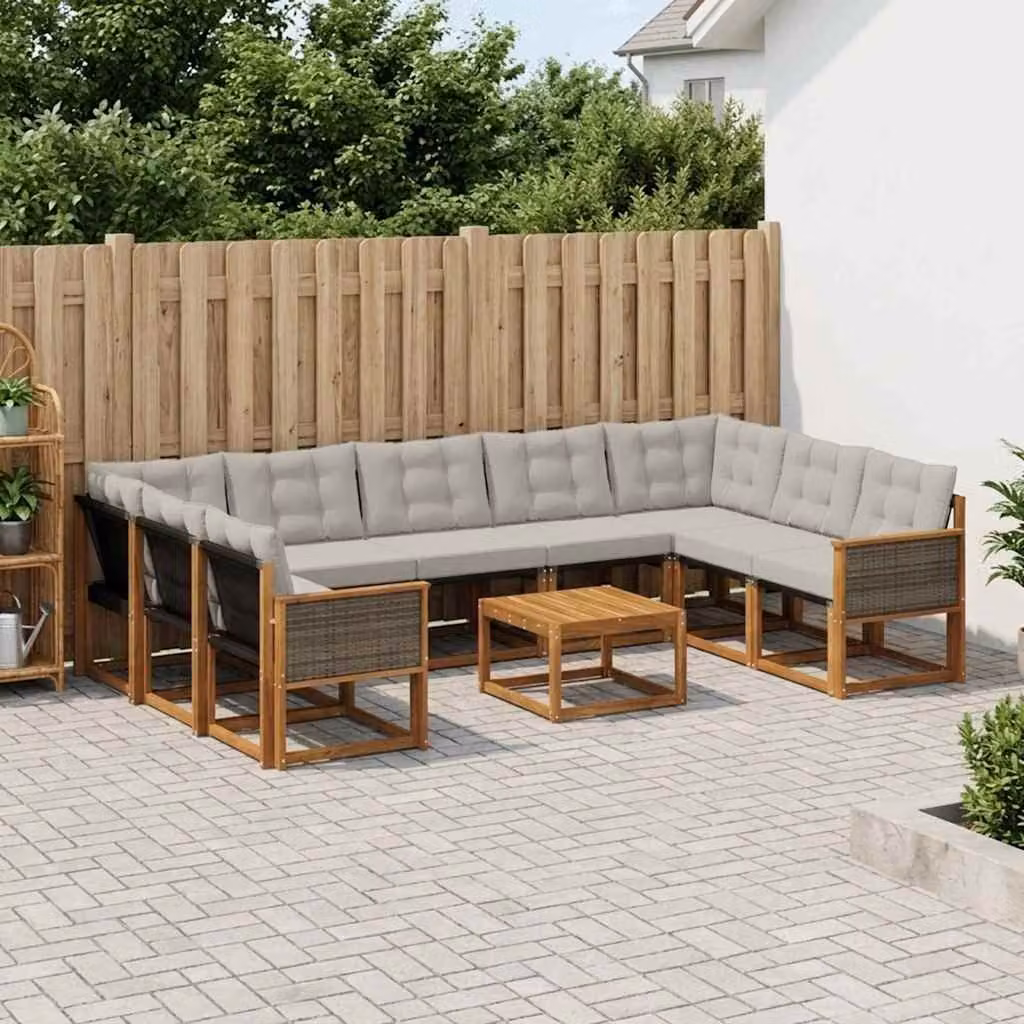 Set di divani da esterno vidaXL 10 pezzi in legno di acacia con cuscini, colore marrone e grigio chiaro