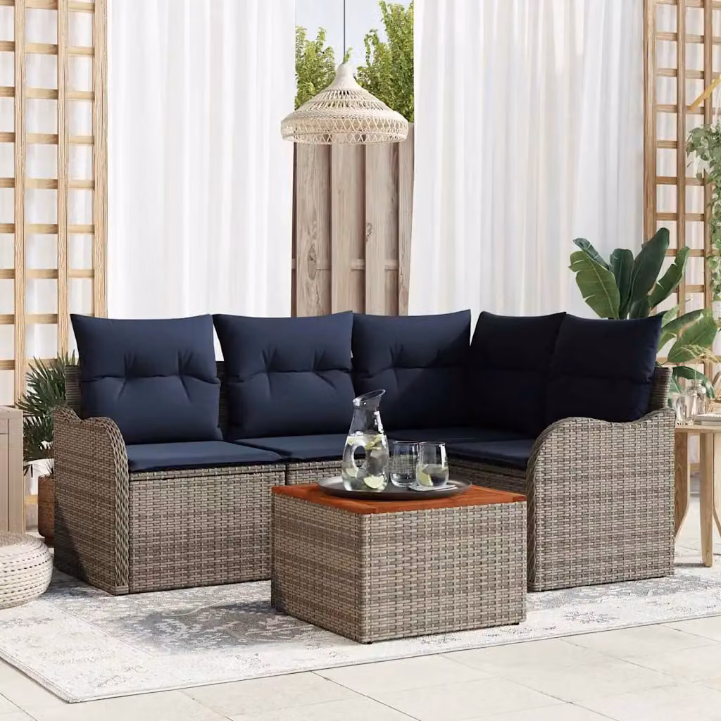 Set Divano da Giardino vidaXL 5 Pezzi a Forma di L Grigio con Cuscini e Tavolino in Polyrattan e Acciaio