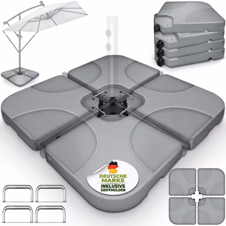 tillvex® Supporto per ombrellone grigio 60 litri / 80 kg - 4 pezzi per ombrellone a sbalzo incl. connettore in metallo | peso dell'ombrellone riempibile con acqua o sabbia | supporto per ombrellone a sbalzo resistente alle intemperie