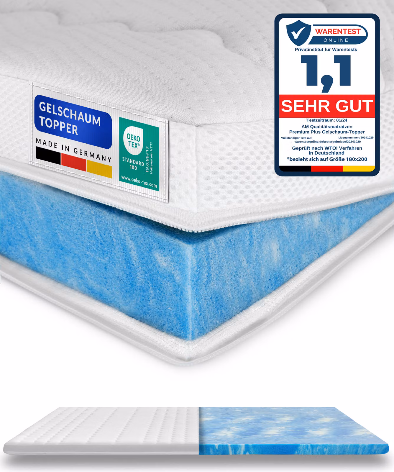 AM Qualitätsmatratzen | Topper in gel espanso Premium Plus | 100x190 cm | 8 cm di altezza | rivestimento in Lyocell | funzione antiscivolo | fascia climatica integrale | topper in gel | 100 x 190 8cm