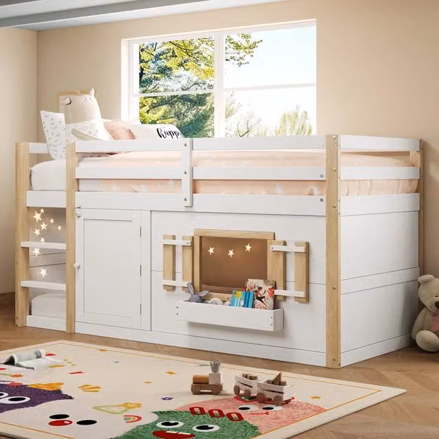 Letto a soppalco singolo Mivray con scala e area inferiore multifunzione in legno e MDF, colore bianco, L/P/H: 200 x 90 x 120 cm