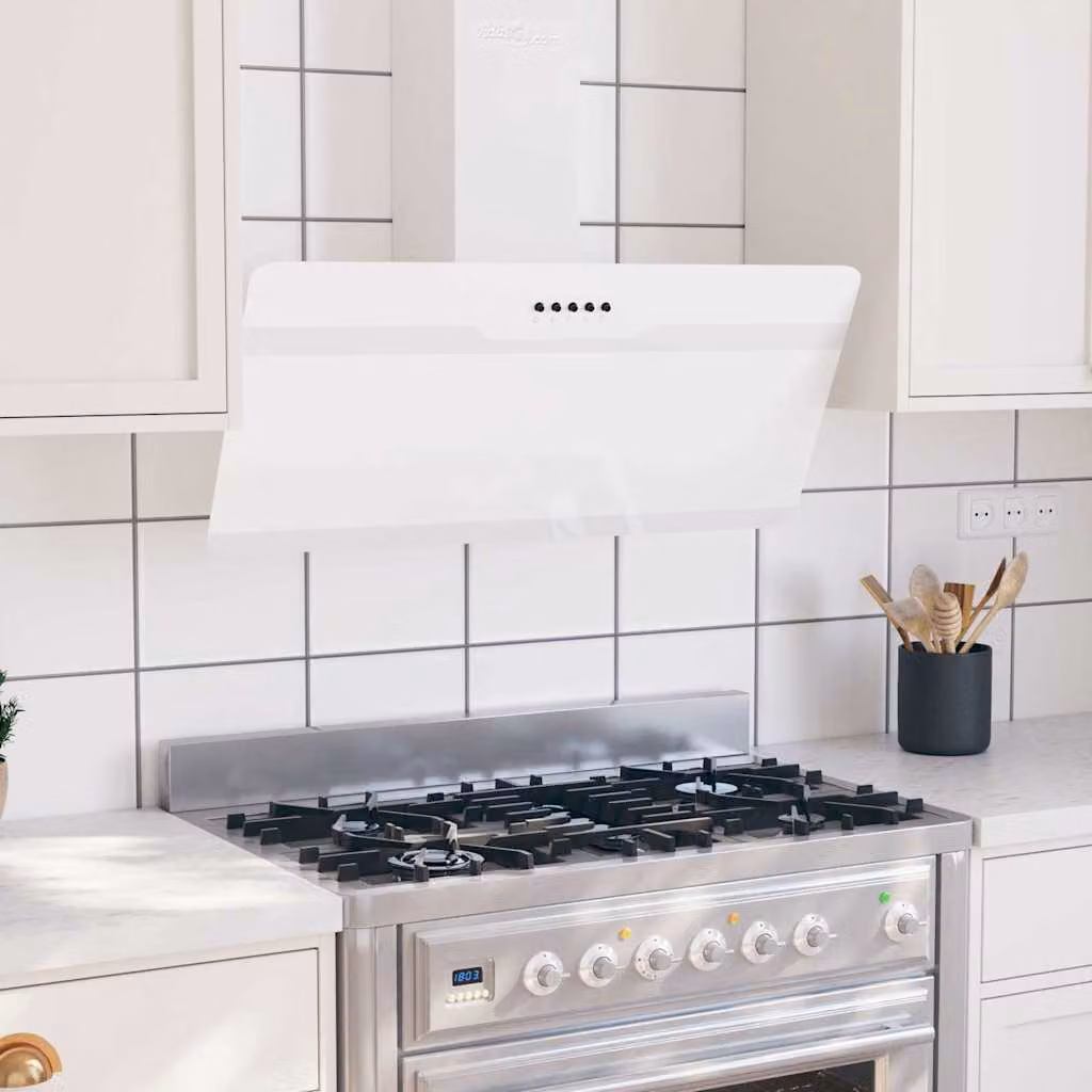 vidaXL Cappa a Parete in Acciaio e Vetro Temperato Bianco con Display LED, Aspirazione o Ricircolo, 90 cm