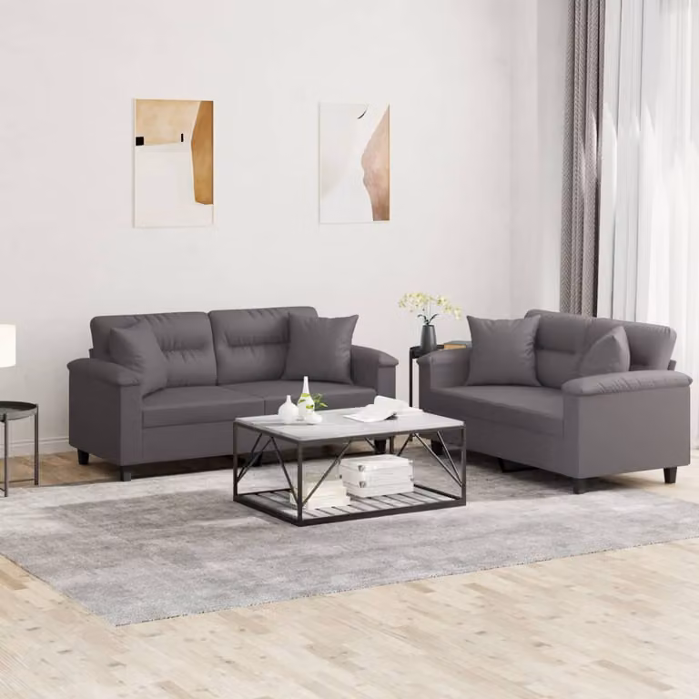Set di 2 Divani vidaXL in Similpelle Grigio con Cuscini per Soggiorno Moderno