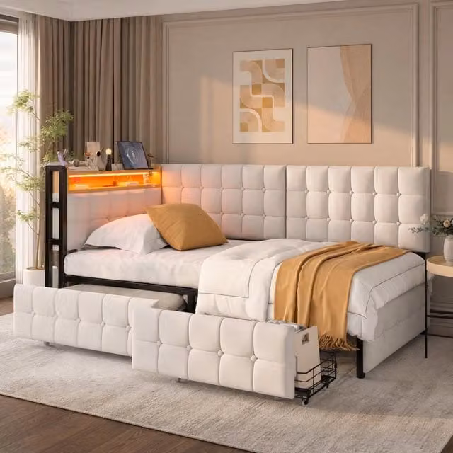 Divano letto Mivray trasformabile in velluto beige con 2 cassetti, illuminazione LED e porte di ricarica USB e Type-C, L/P/H: 90 x 200 cm