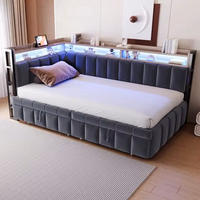 Letto imbottito con giroletto LED ¨C Minimal ¨C Velluto grigio scuro 90x200cm con porte USB e USB-C