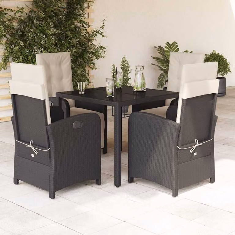Set da Pranzo da Giardino vidaXL in Polyrattan Nero con Cuscini e Tavolo in Vetro