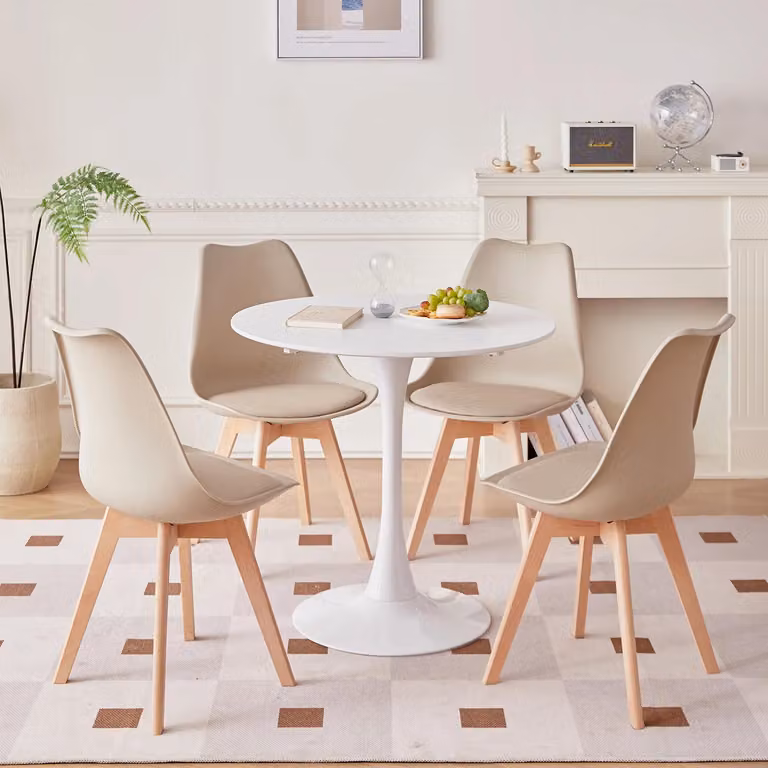 Tavolo rotondo da pranzo con 4 sedie - Set da pranzo in stile nordico - Sedute imbottite inPoliuretano- Legno di faggio massello - Design minimalista e moderno - 80 cm - Beige