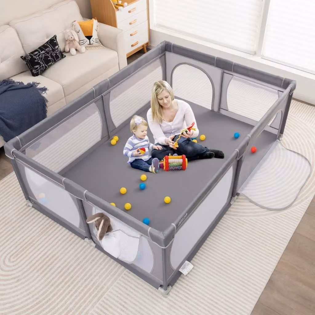Recinto per bambini pieghevole con rete traspirante e tasca portaoggetti, Box giochi per neonati Grigio scuro L/P/H: 206 x 147 x 68,5 cm – 2