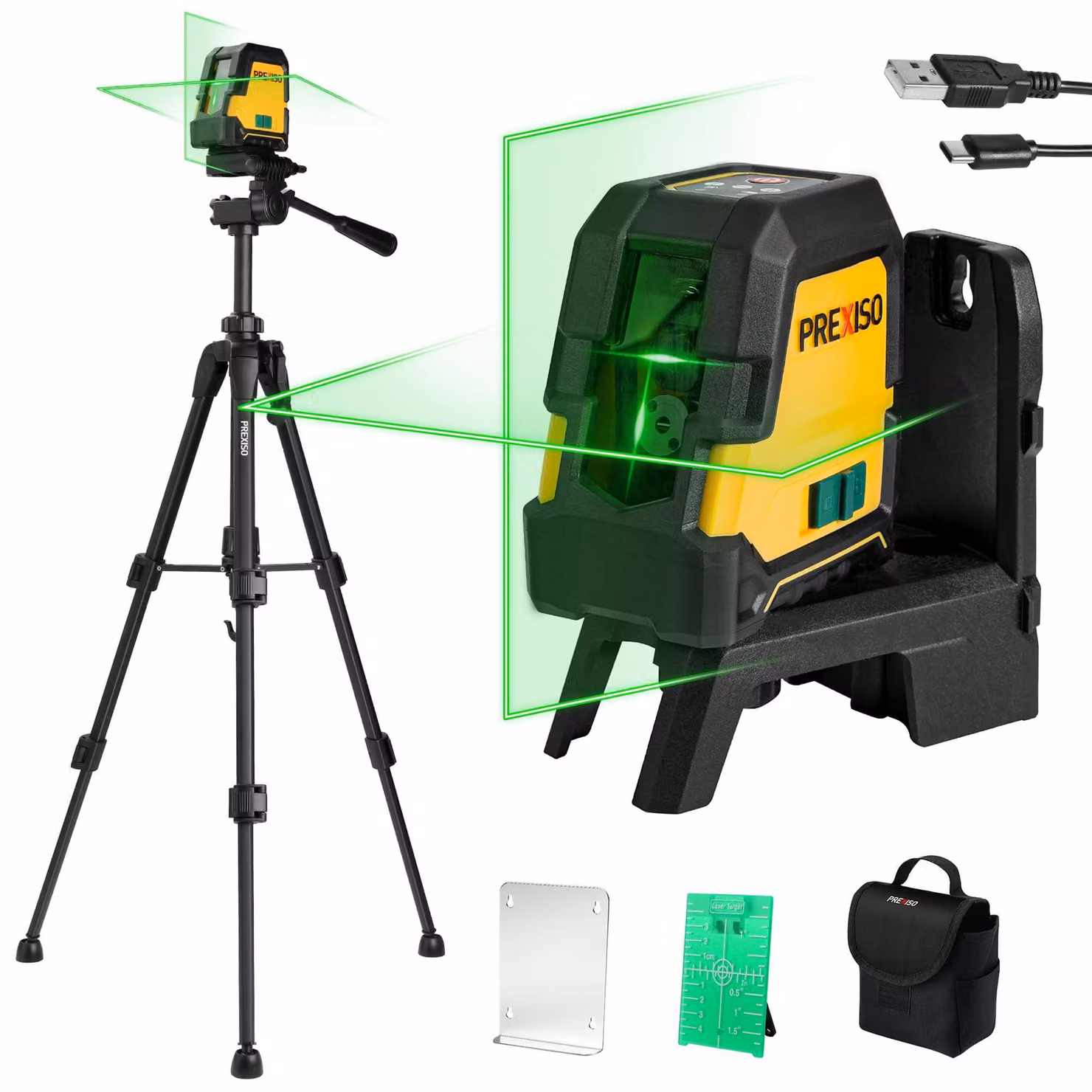 Livella laser a croce, laser verde, con treppiede - portata 30 metri - corpo in gomma - ideale per costruzioni e ristrutturazioni