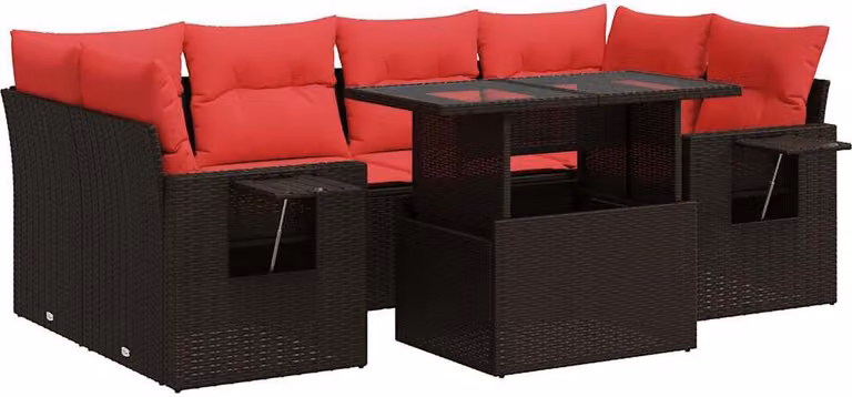 Set Divani da Giardino 7pz con Cuscini Marrone Polyrattan Acacia