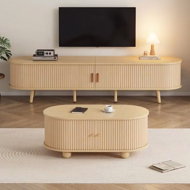 Mobile TV con Vano Contenitore e Tavolino da Caff¨¨ Ovale ¨C MINIMAL ¨C Legno Naturale MDF