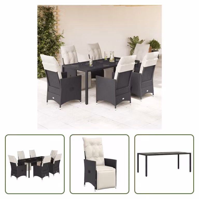 The Living Store Set da pranzo da giardino 7 pezzi con cuscini in polirattan nero